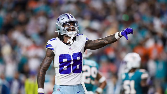 Dec 24, 2023; Miami Gardens, Florida, USA; Dallas Cowboys wide receiver CeeDee Lamb (88) reacts toward Miami Dolphins fans during the fourth quarter at Hard Rock Stadium.